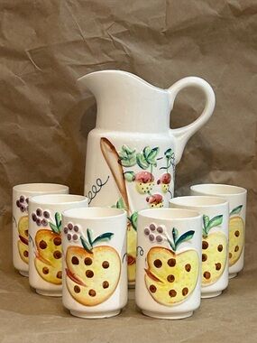 Vtg 7 Piece Drinkware Set Handpainted Ceramic Pitcher 40oz & 7 Cups 8oz Japan